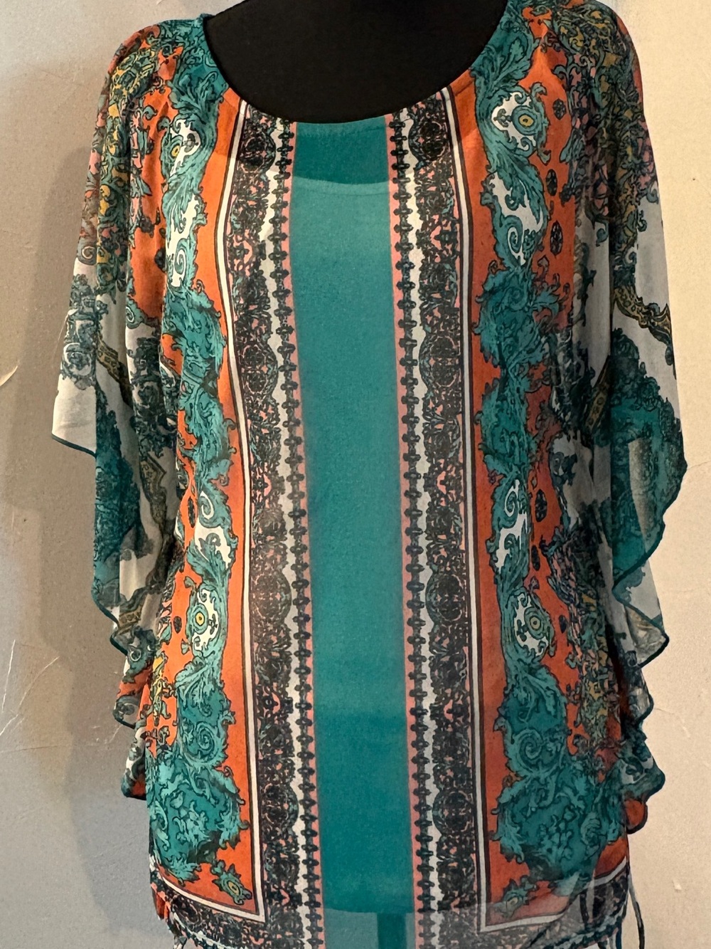 Studio Y Teal & Orange Printed Flutter-Sleeve Tunic